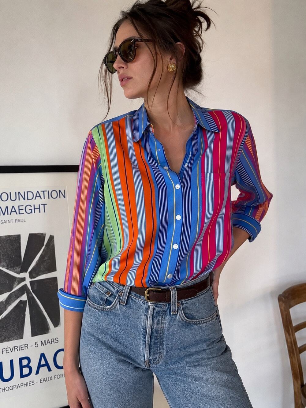 Vintage Ralph Lauren Silk Button Down Boxy Colorful Striped 12 XL Top Blouse